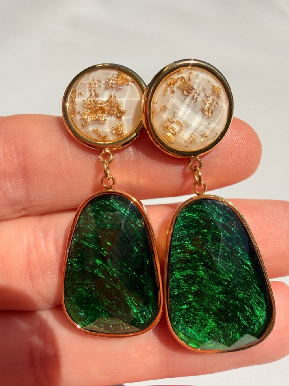 Green-Tone Green & White Drop Earrings - Picture 3 of 5